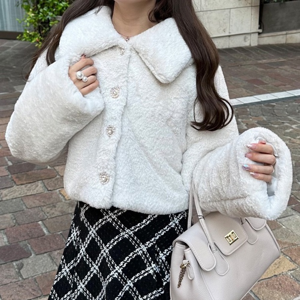 NWT white faux fur crop coat jewel buttons